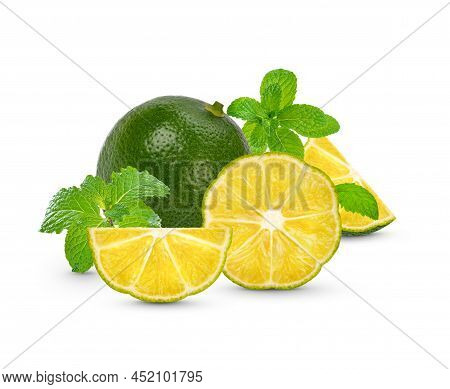 Fresh Lime Sliced With Mint Leaves Isolated On White Background