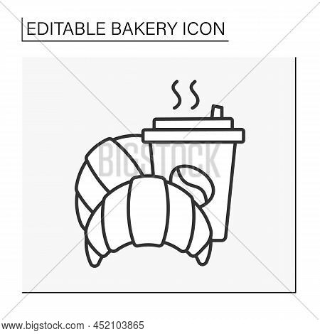 Baking Line Icon. Croissant Dessert With Coffee To Go. French Crescent-shaped Roll.bakery Concept. I