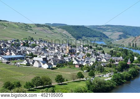 Trittenheim, Germany - 06 01 2021: Village Trittenheim In A Vineyards Landscape, Moselle Valley, Ger