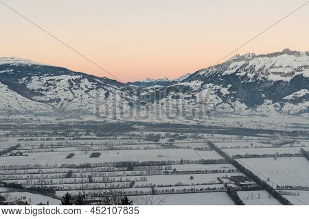 Planken, Liechtenstein, January 13, 2022 Terrific Swiss Mountain Panorama And The Rhine Valley In Th