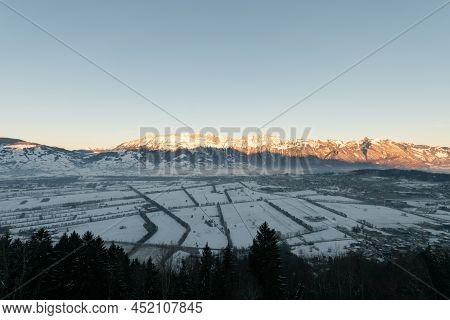 Planken, Liechtenstein, January 13, 2022 Terrific Swiss Mountain Panorama And The Rhine Valley In Th