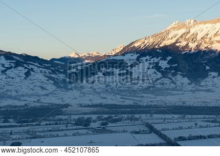 Planken, Liechtenstein, January 13, 2022 Terrific Swiss Mountain Panorama And The Rhine Valley In Th