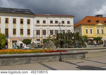 Banska Bystrica, Slovakia - August 17, 2021: View Of Snp Square - Colorful Historic Buildings, Bloom