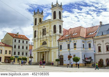 Banska Bystrica, Slovakia - August 17, 2021: View Of Snp Square - Colorful Historic Buildings, Bloom