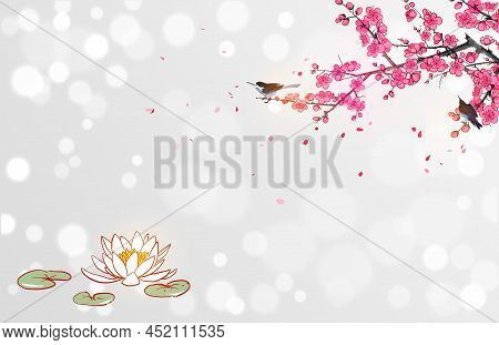 Lotus Flowers Under The Blooming Sakura Branch On White Glowing Background.