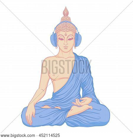 Modern Buddha Listening To The Music In Headphones. Vector Illustration. Vintage Psychedelic Composi