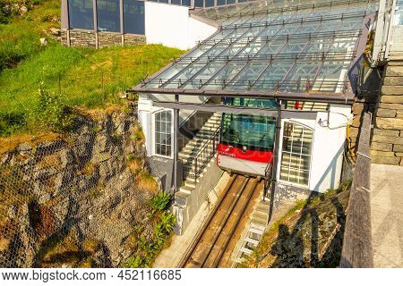 Bergen, Norway - 28 May 2018: The Floibanen Is A Funicular Railway In The Norwegian City Of Bergen I