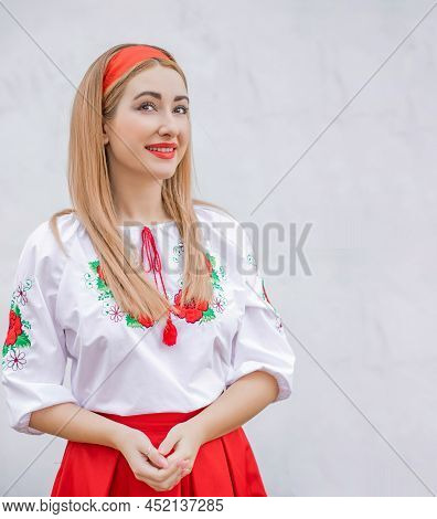 European Folk Fashionable Woman In Embroidery Traditional Shirt. Concept Of National Costume