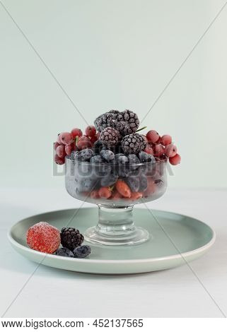 A Mix Of Frozen Berries In A Transparent Bowl. Berries Are Rich In Vitamin C, Home Freezing, Harvest