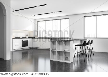 Corner View On Bright Kitchen Room Interior With Island With Barstools, Panoramic Window, Sink, Croc