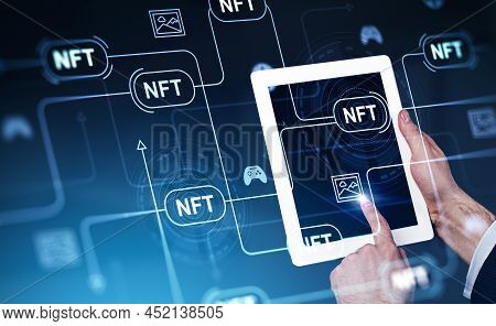 Non-fungible Token Hologram On Virtual Digital Screen, Nft With Network. Dark Background. Businessma
