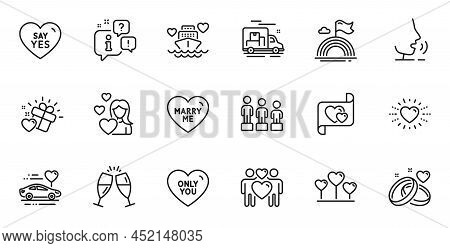 Outline Set Of Marriage Rings, Love And Love Couple Line Icons For Web Application. Talk, Informatio