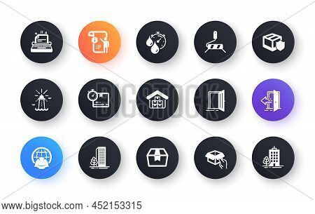 Minimal Set Of Global Engineering, Buildings And Open Door Flat Icons For Web Development. Cardboard