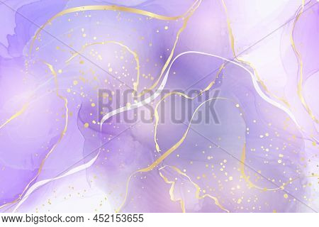 Purple Gey Liquid Watercolor Background With Golden Dots. Dusty Violet Marble Alcohol Ink Drawing Ef