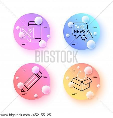 Food App, Pencil And Fake News Minimal Line Icons. 3d Spheres Or Balls Buttons. Return Package Icons