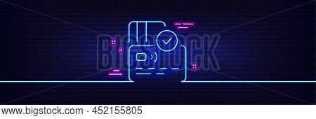 Neon Light Glow Effect. Credit Card Line Icon. Approved Bank Money Payment Sign. Non-cash Pay Symbol