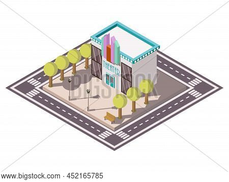 Theatre Building Isometric Composition With Road Bench And Trees Vector Illustration