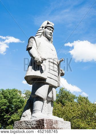 Otsu, Japan - August 21, 2018: Statue Of Akechi Mitsuhide At The Sakamoto Castle Ruins Park