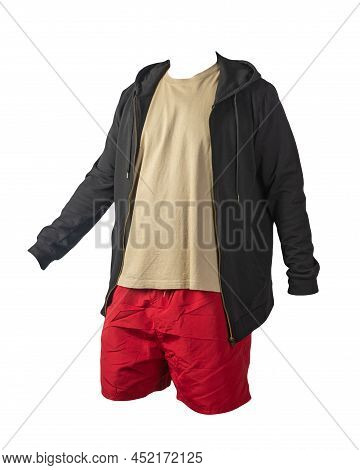 Black Sweatshirt With Iron Zipper Hoodie,biige T-shirt And Red Sports Shorts Isolated On White Backg