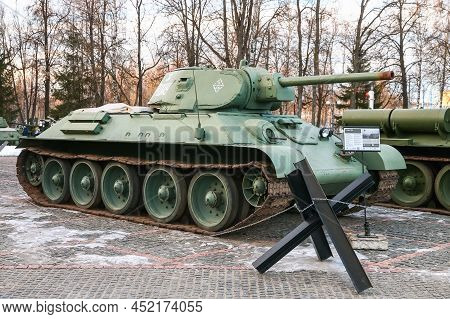 Moscow, Russia - March 6, 2022: Soviet Medium Tank T-34-76 In The Technical Museum Of Vadim Zadorozh