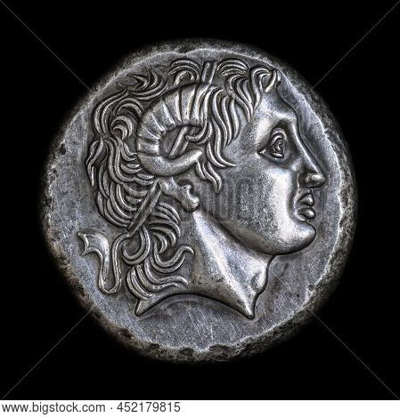 Alexander The Great Head On Ancient Greek Coin Of Lysimachus, 290 Bc. Silver Tetradrachm, Old Rare M