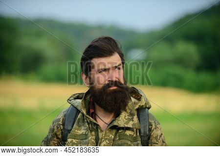 Middle Aged Farmer, Closeup Male Farmer Portrait. Portrait Of Middle Aged Bearded Man, Outdoors In M