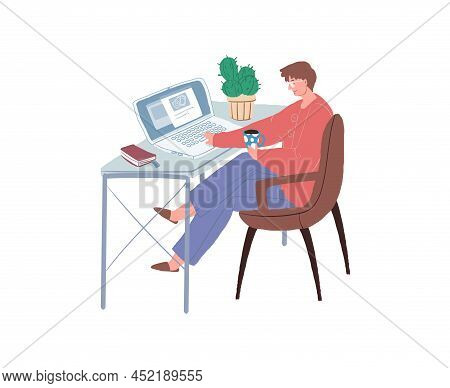Vector Cartoon Flat Man Character Sits At Table, Young Guy Studies And Works Using Computer-distance