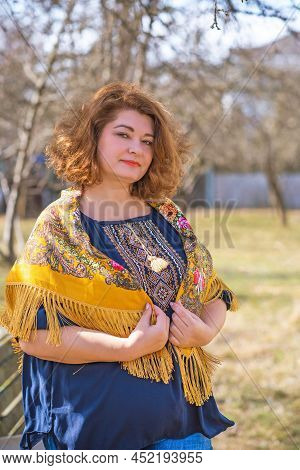European Plus Size Ethnic Woman In Embroidery Traditional Shirt And Scarf. Concept Of National Costu