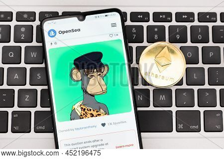 Wroclaw, Poland - Feb 10, 2022: Opensea Nft Non-fungible Token Marketplace. Investing Cryptocurrenci