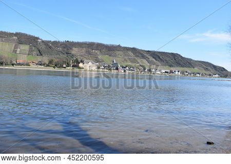 Wide Rhine And Waterfront Of Leutesdorf In Springtime