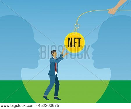 Non Fungible Token, Nft. Man Reaching To Nft Between Two Profiles. Vector Illustration.