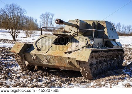 St. Petersburg, Russia - March, 2022: Soviet Light Self-propelled Gun Su-76 At The Tank Range. Milit