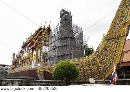 Ancient Architecture Royal Barge Suphannahong Sculptured Boat And Antique Building Ubosot For Thai P