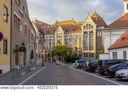 Budapest, Hungary - October 2021: National Archives Of Hungary Building And Streets Of Buda Hill