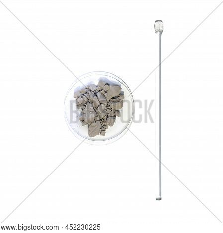 Aluminium Powder In Chemical Watch Glass Placed Next To Stirring Rod. Closeup Chemical Ingredient On