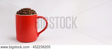 One Red Coffee Mug, Fresh Roasted Coffee Beans, Light Background, Place For Text