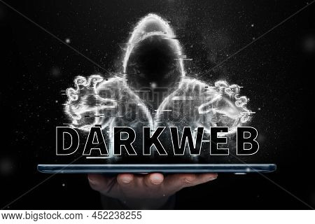 Dark Web, Shadow Crime, Internet Crime Concept, Hidden Internet. Hologram Of Digital Hacker In Compu