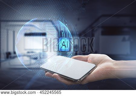 Close Up Of Female Hand Holding Smartphone With Abstract Glowing Ai Sphere On Blurry Office Interior