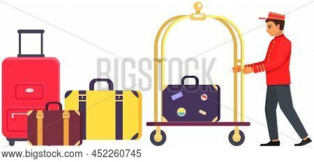 Young Man Working As Bellboy Surrounded By Hotel Symbols. Hotel Employee In Work Clothes. Personnel 