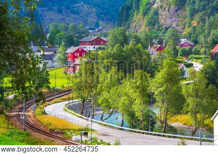 Norwegian Fjord Village Landscape Near Flam, Norway And Myrdal Railway. Tourism Vacation And Travel 