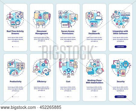 Online Workplace Onboarding Mobile App Screen Set. Virtual Office Walkthrough 5 Steps Graphic Instru