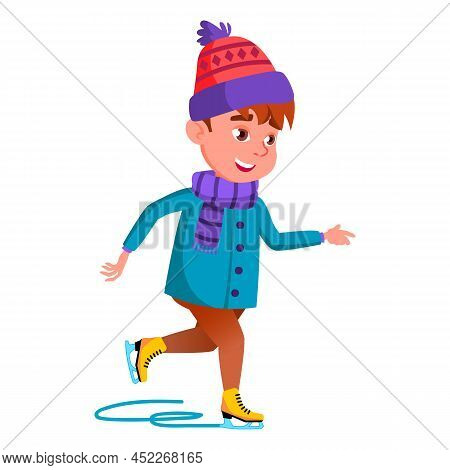 Schoolboy Kid Skating Sport On Ice Rink Vector. Happiness Caucasian School Boy Skating On Frozen Lak