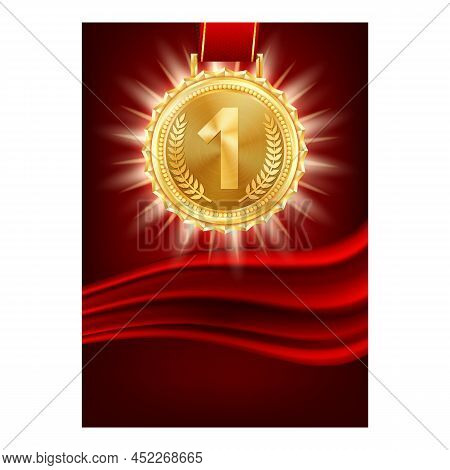 Winner Award Creative Promotional Banner Vector. Medal Winner Award For Sport Event Athlete Champion