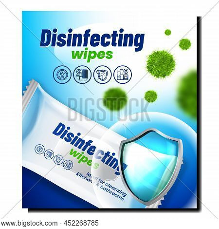 Disinfecting Wipes Creative Promo Banner Vector. Disinfecting Wipes Blank Packaging For Killing Bact