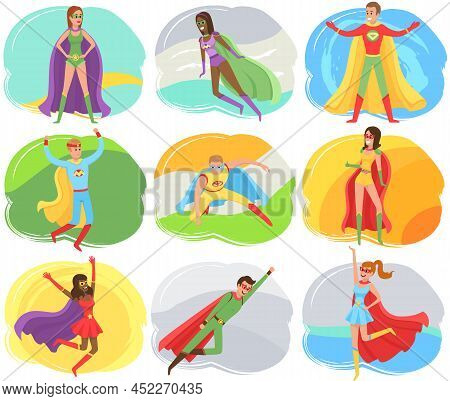 Strong Super Man And Super Woman Smiles And Flies To Save World Stretched Out His Hand. Brave Charac