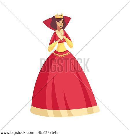 Happy Queen Wearing Crown Flat Fairy Tale Character On White Background Vector Illustration