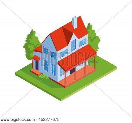 Modern Low Rise House Exterior With Veranda And Green Garden Isometric Icon 3d Vector Illustration