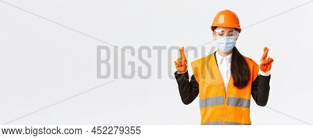 Covid-19 Safety Protocol At Enterpise, Construction And Preventing Virus Concept. Hopeful Asian Fema