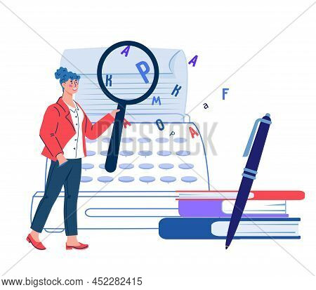 Professional Copywriter Or Content Manager, Blogger With Magnifier, Cartoon Flat Vector Illustration