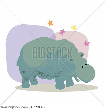 Cute Hand Drawn Hippo And Tropic Plants. Funny Cartooon Animal. Africa, Safari. Flat Llustration, Po